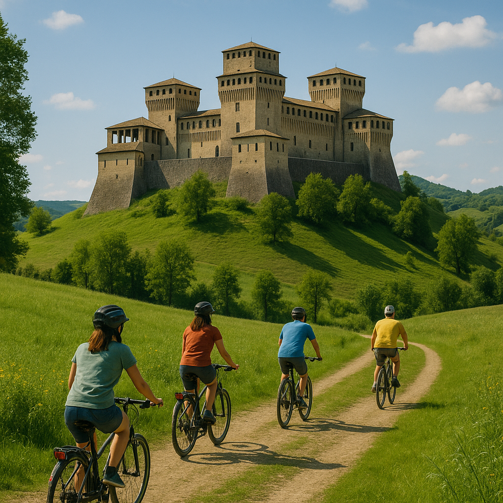Crea un’immagine con il Castello di TORRECHIARA e alcune persone che stanno facendo cicloturismo in un paesaggio immerso nel verde